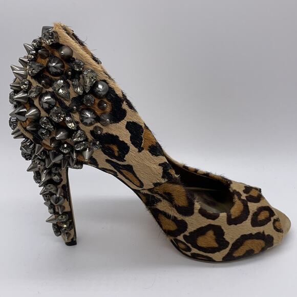 Sam Edelman Lorissa Heels Leopard Print Stud Spiked Pony Hair Peep Toe Size 6 - Picture 8 of 13